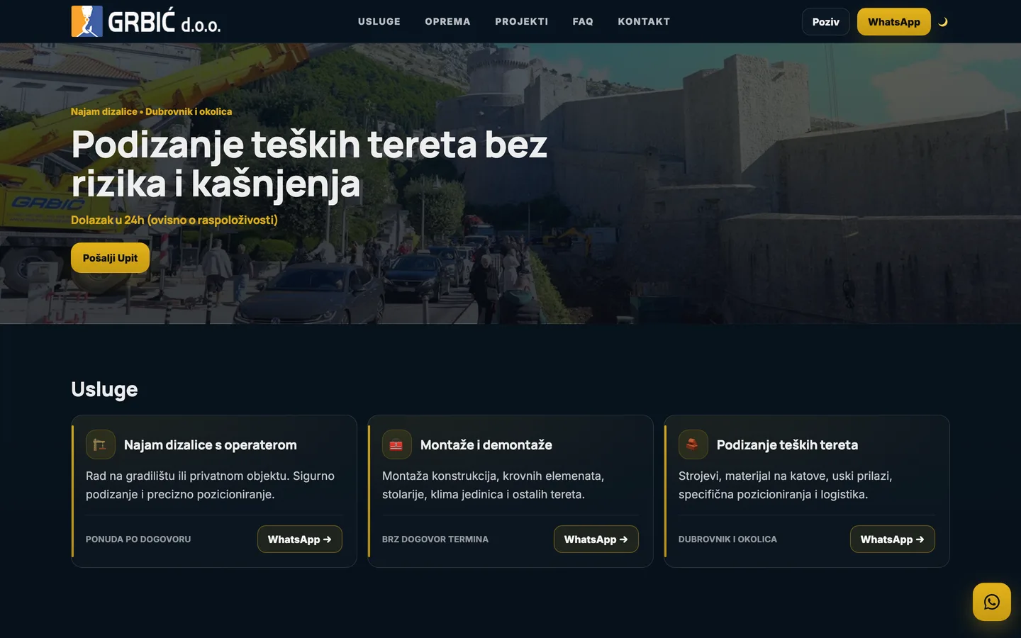 GRBIĆ d.o.o. — Corporate website for a crane and heavy equipment company.